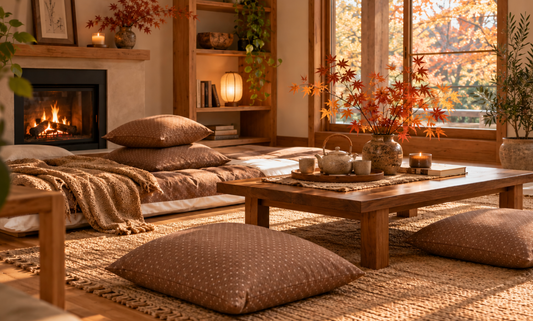 zabutons and floor table with shikifuton in back for a fall living room settin