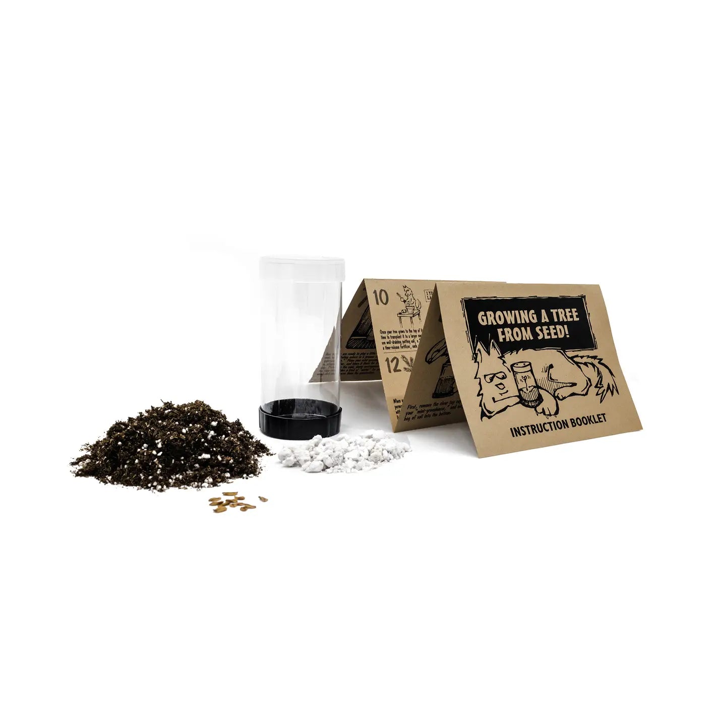 Seedling kit with soil, seeds, and an instruction booklet on a white background