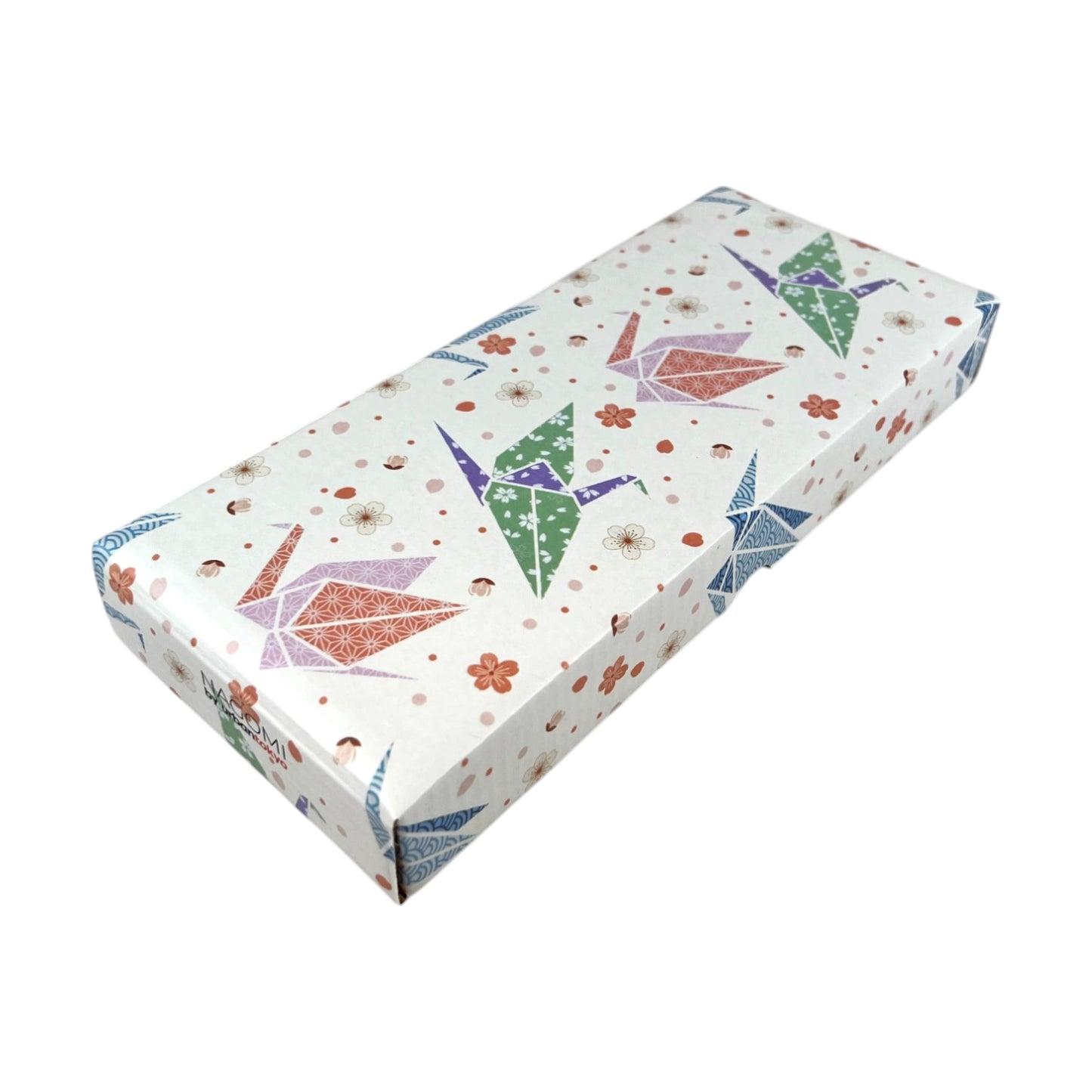 Rectangular box with colorful origami designs on a white background