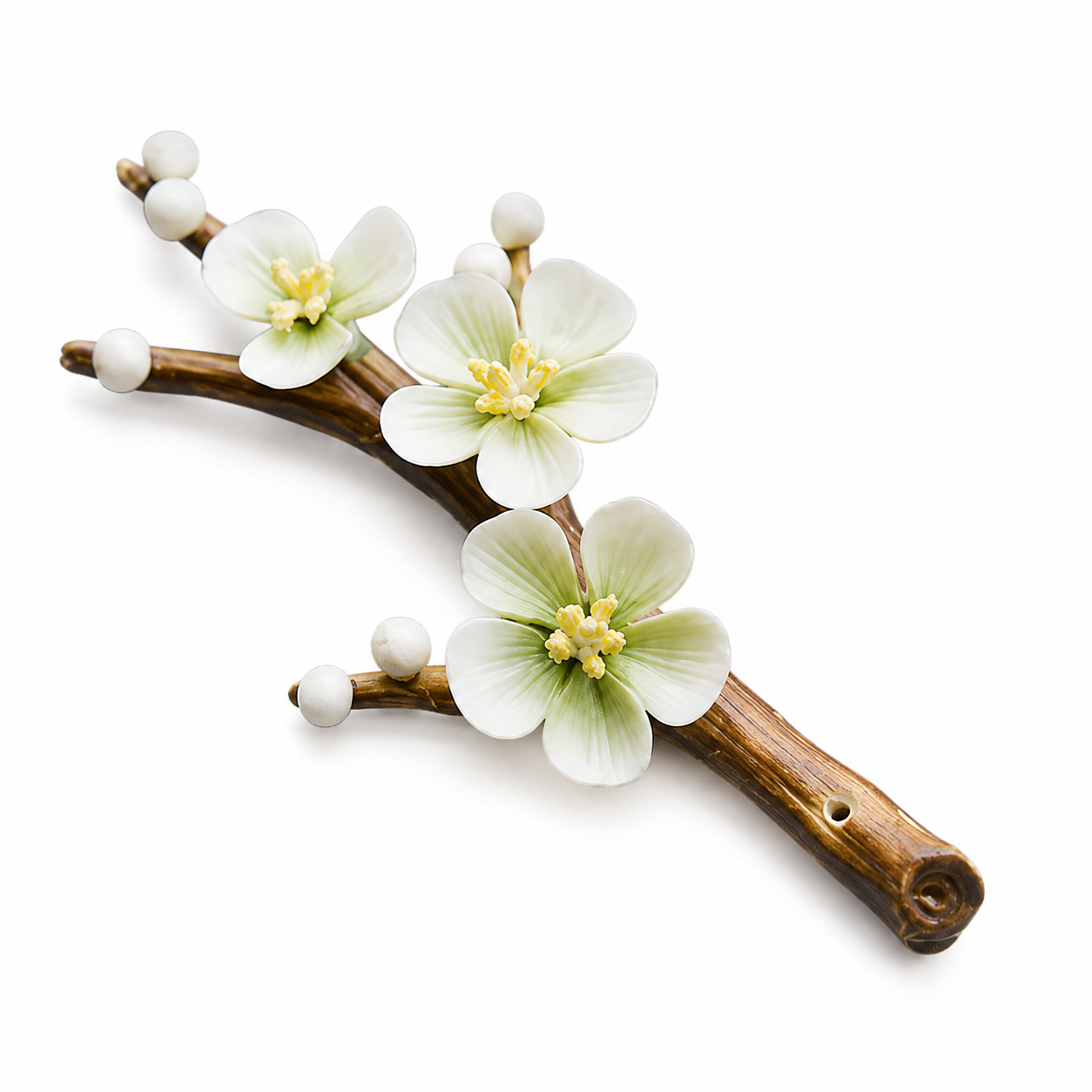 A decorative branch-shaped incense holder featuring three white cherry blossoms with yellow centers and small white buds, shown on a plain white background.