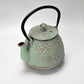 Mint green iron tea pot with black handle on a white background.