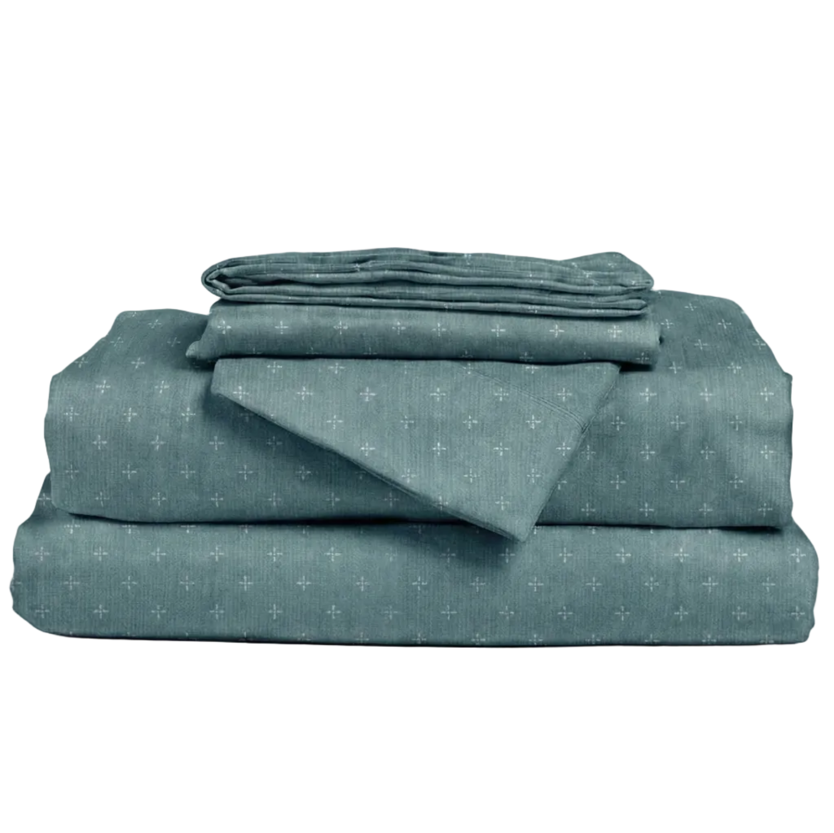 Set of green patterned bedding on a white background