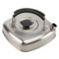 Stainless steel teapot with black handle on a white background