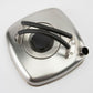 Stainless steel tea pot with cover and black handle on a white background
