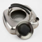 Stainless steel teapot with black rubber handle on a white background