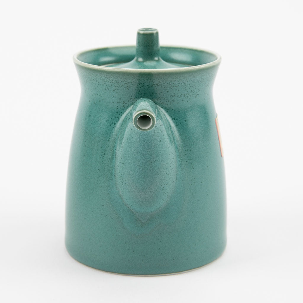Teal ceramic soy sauce dispenser with fish design on a white background