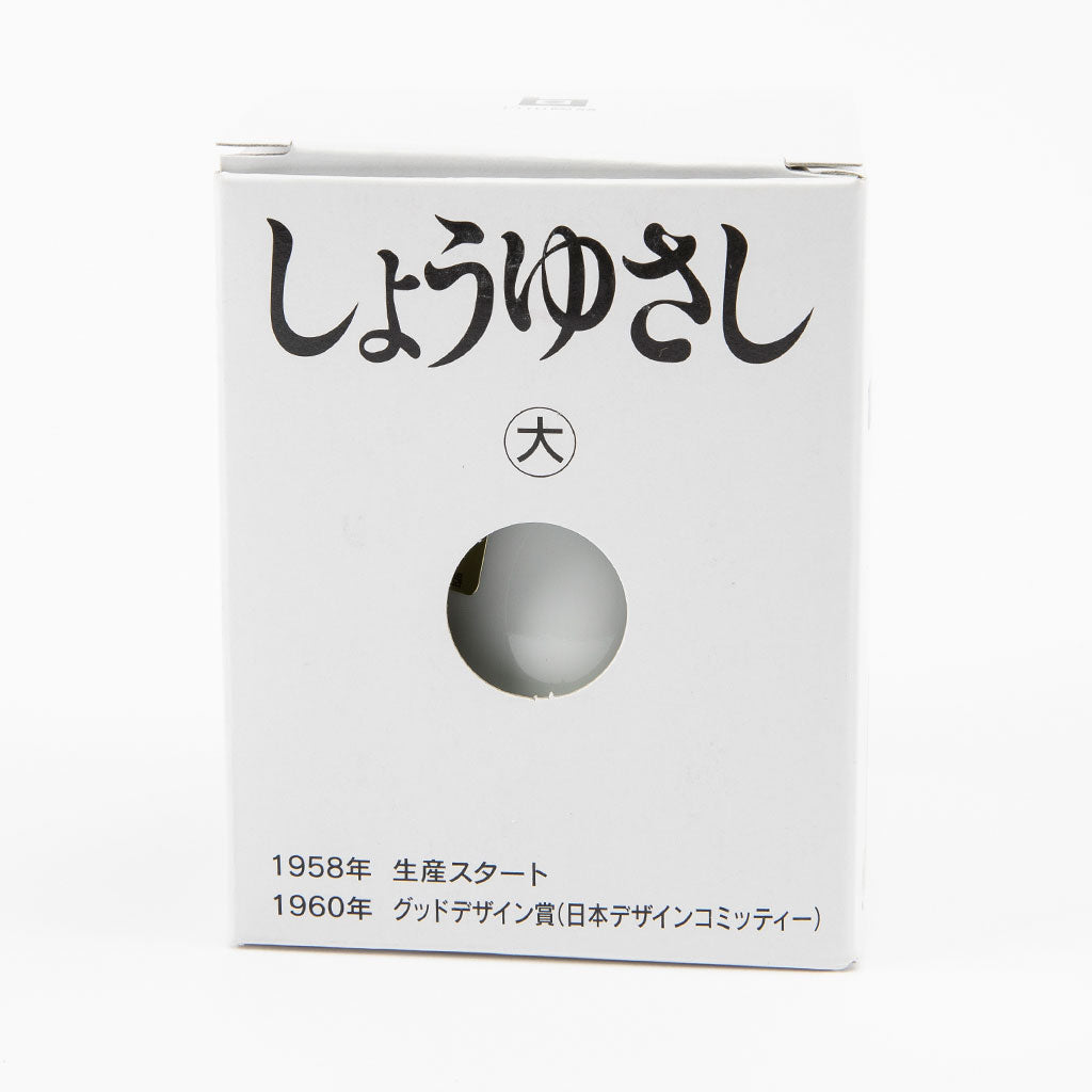 White packaging box with black text and a gray sphere on a white background