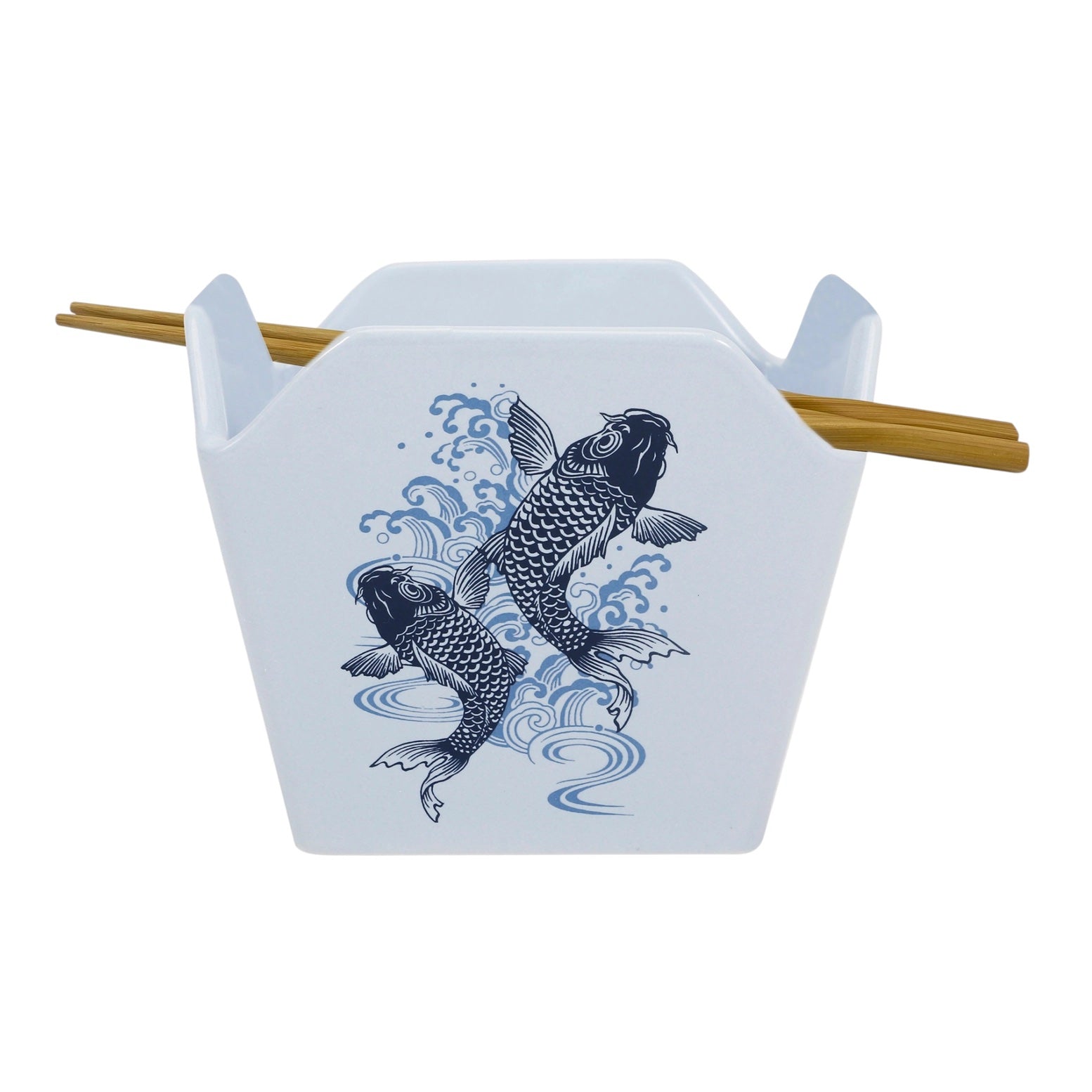 A white square chopstick holder with a blue koi fish and wave graphic on the front, shown with two wooden chopsticks resting in the top slots, against a plain white background.