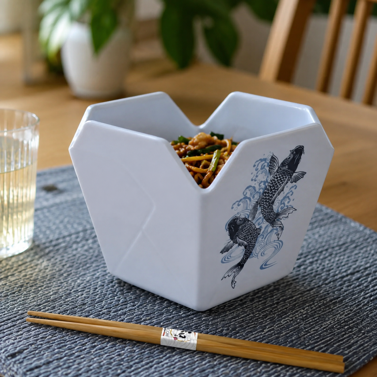 A white hexagonal ceramic bowl with a carved top opening, decorated with a blue koi fish illustration, filled with food and placed on a gray woven placemat with wooden chopsticks in front, on a wooden table.