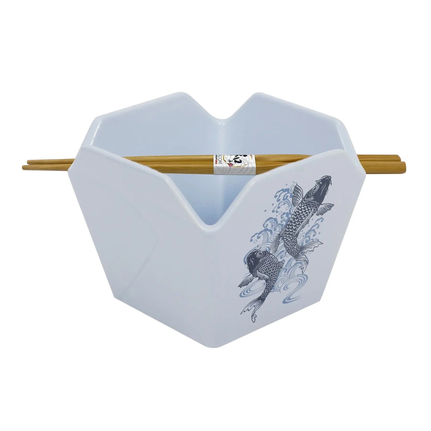 A white hexagonal chopstick holder with a koi fish graphic, holding a pair of wooden chopsticks, on a white background.