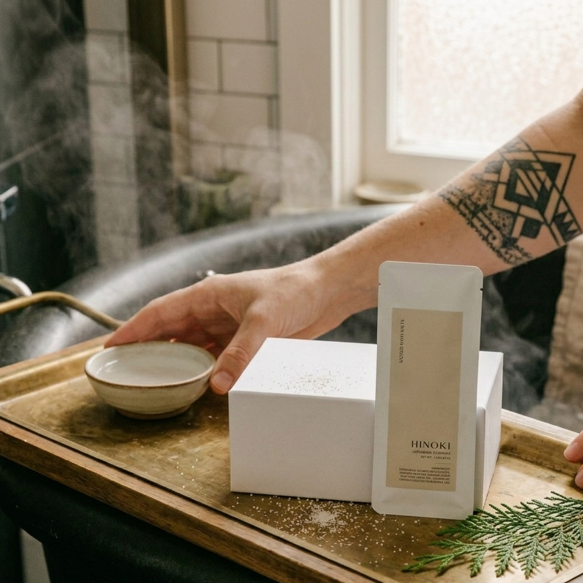 Person holding a tray with Hinoki products in a bathroom setting
