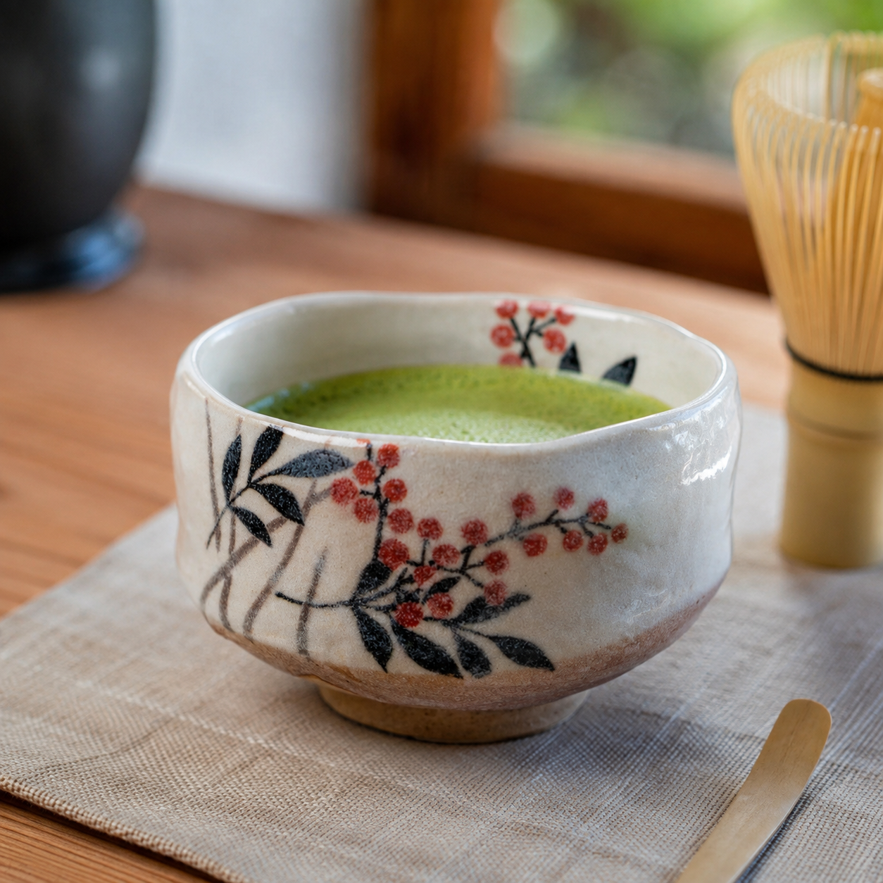 A handmade ceramic matcha bowl filled with green matcha tea, decorated with black leaves and red berries on a cream-colored glaze, resting on a woven placemat with a bamboo whisk in the background.