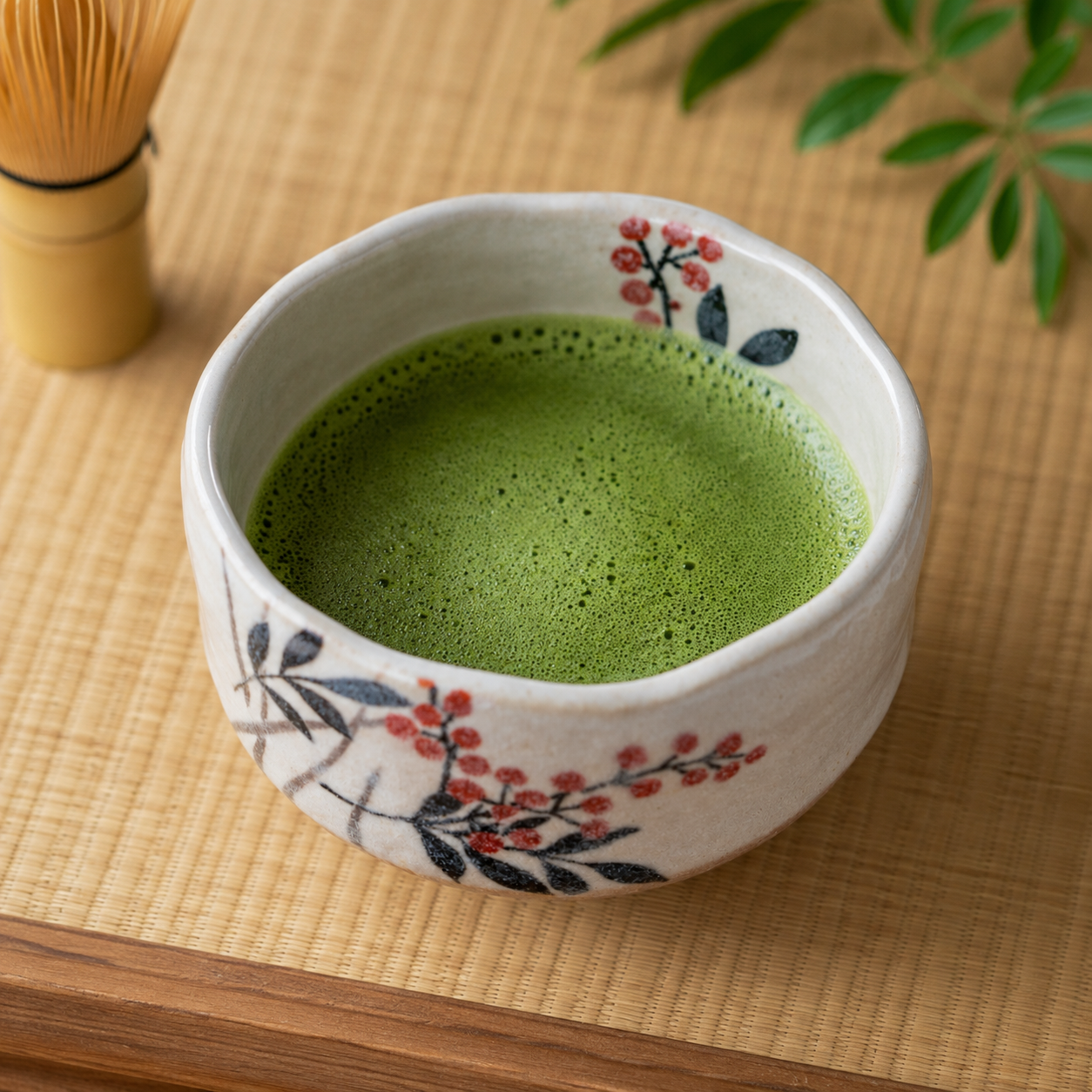 A ceramic matcha bowl filled with green matcha tea, placed on a woven straw mat with a bamboo whisk and green leaves in the background.