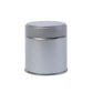 Silver cylindrical metal tin on a white background