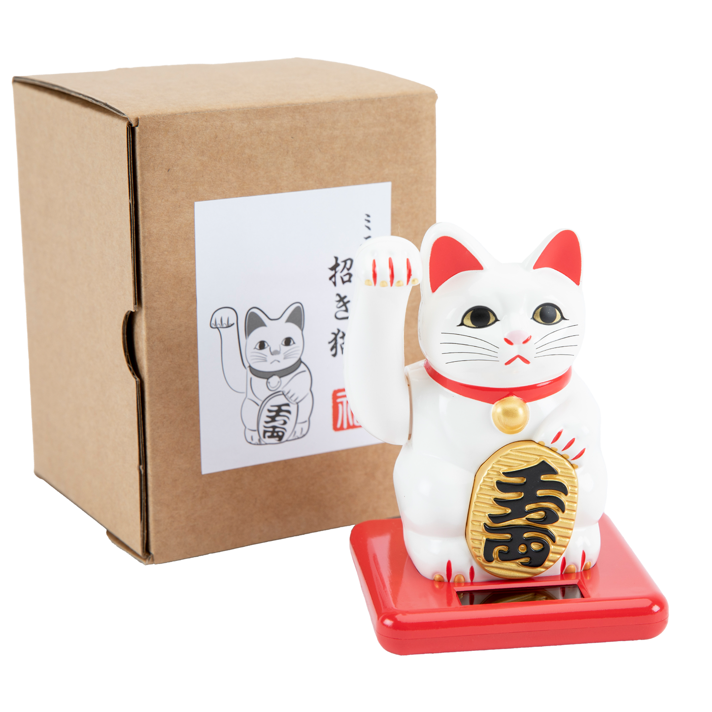 White maneki-neko cat on a red base with a white background