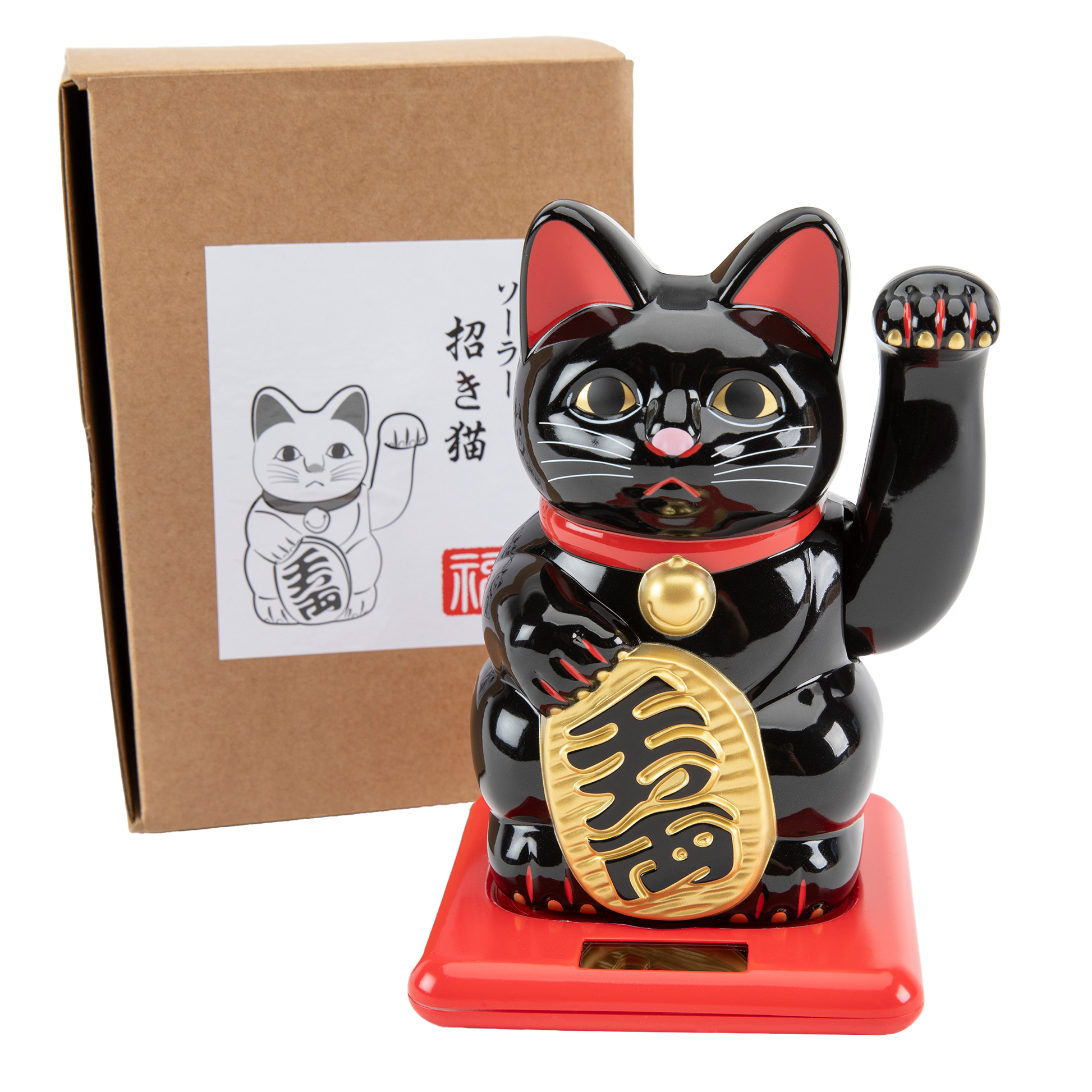Black maneki-neko cat on a red base with a white background