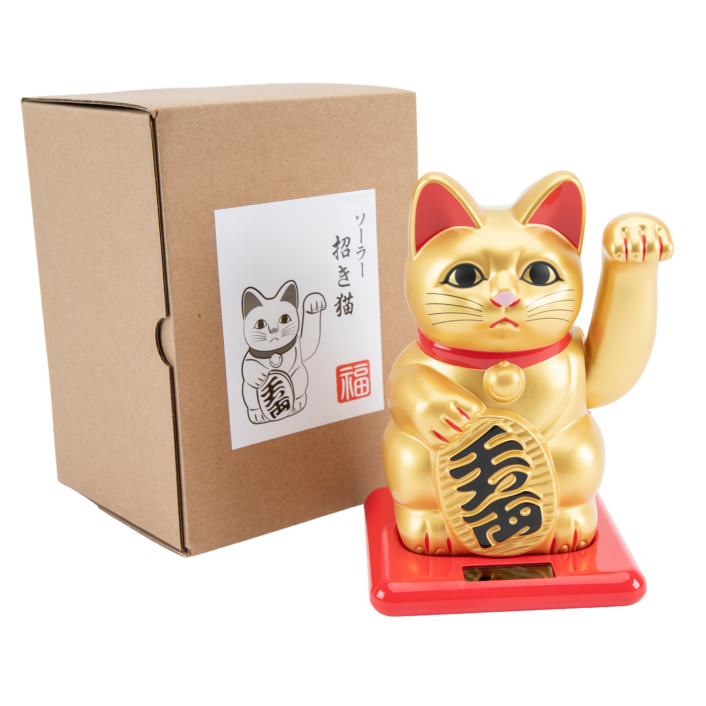 Gold maneki-neko cat on a red base with a white background