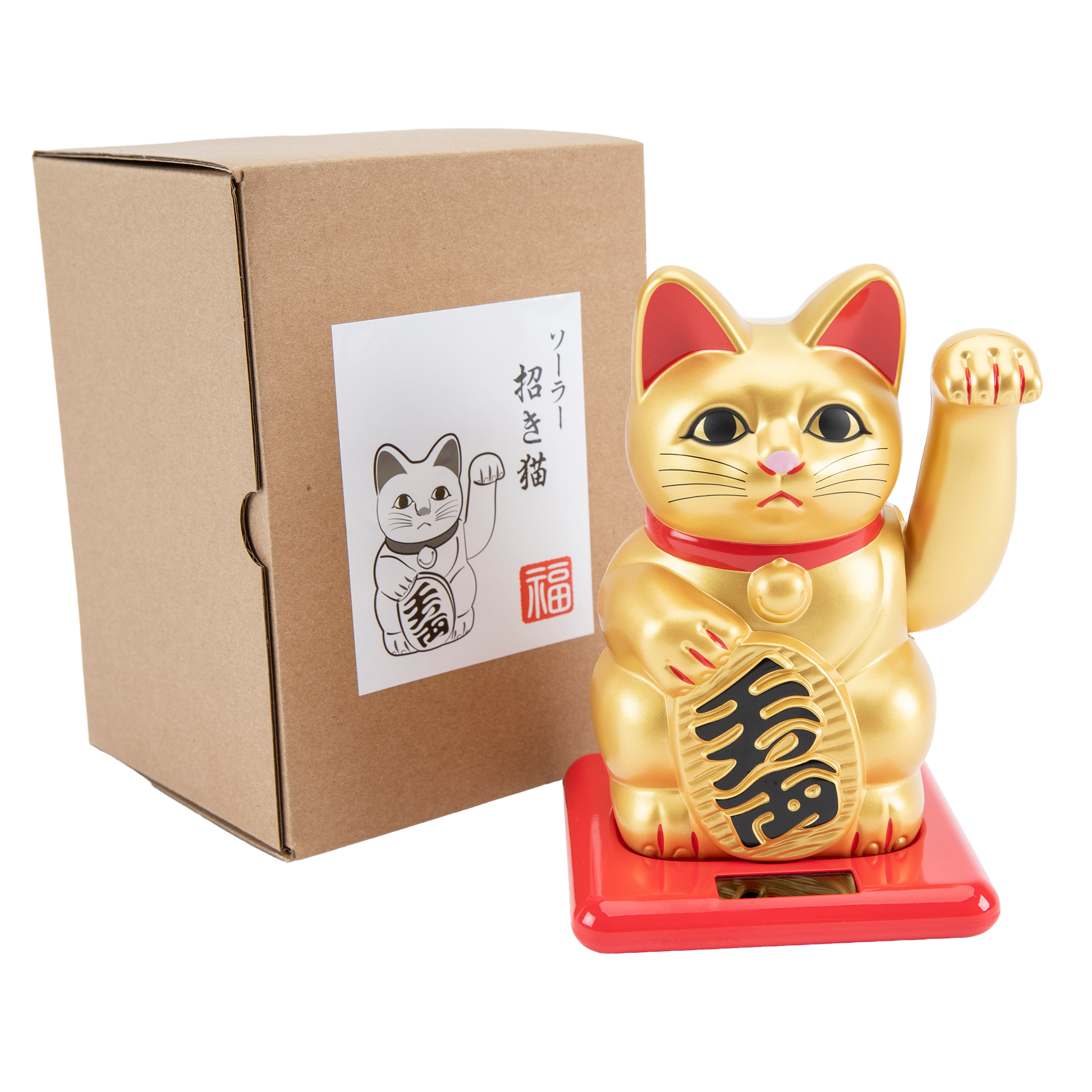 Gold maneki-neko cat on a red base with a white background