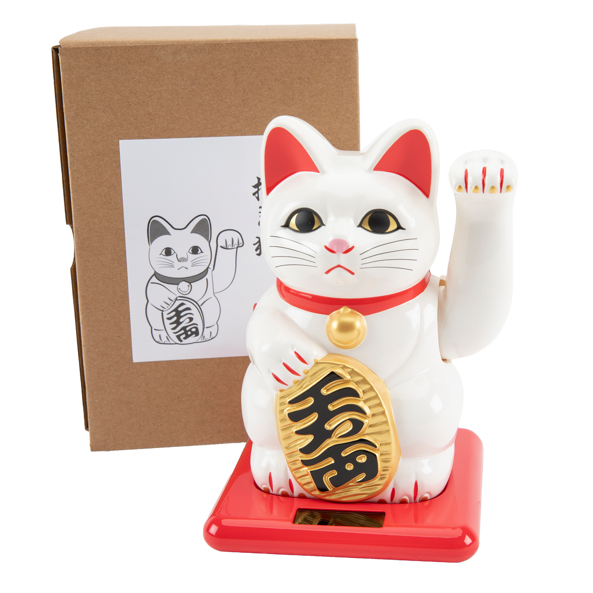 White maneki-neko cat on a red base with a white background