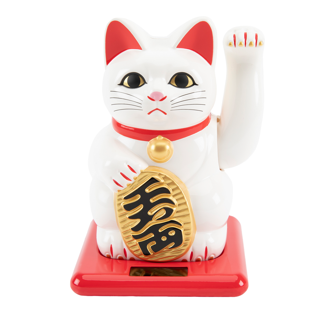White cat figurine with red accents and gold pendant on a white background