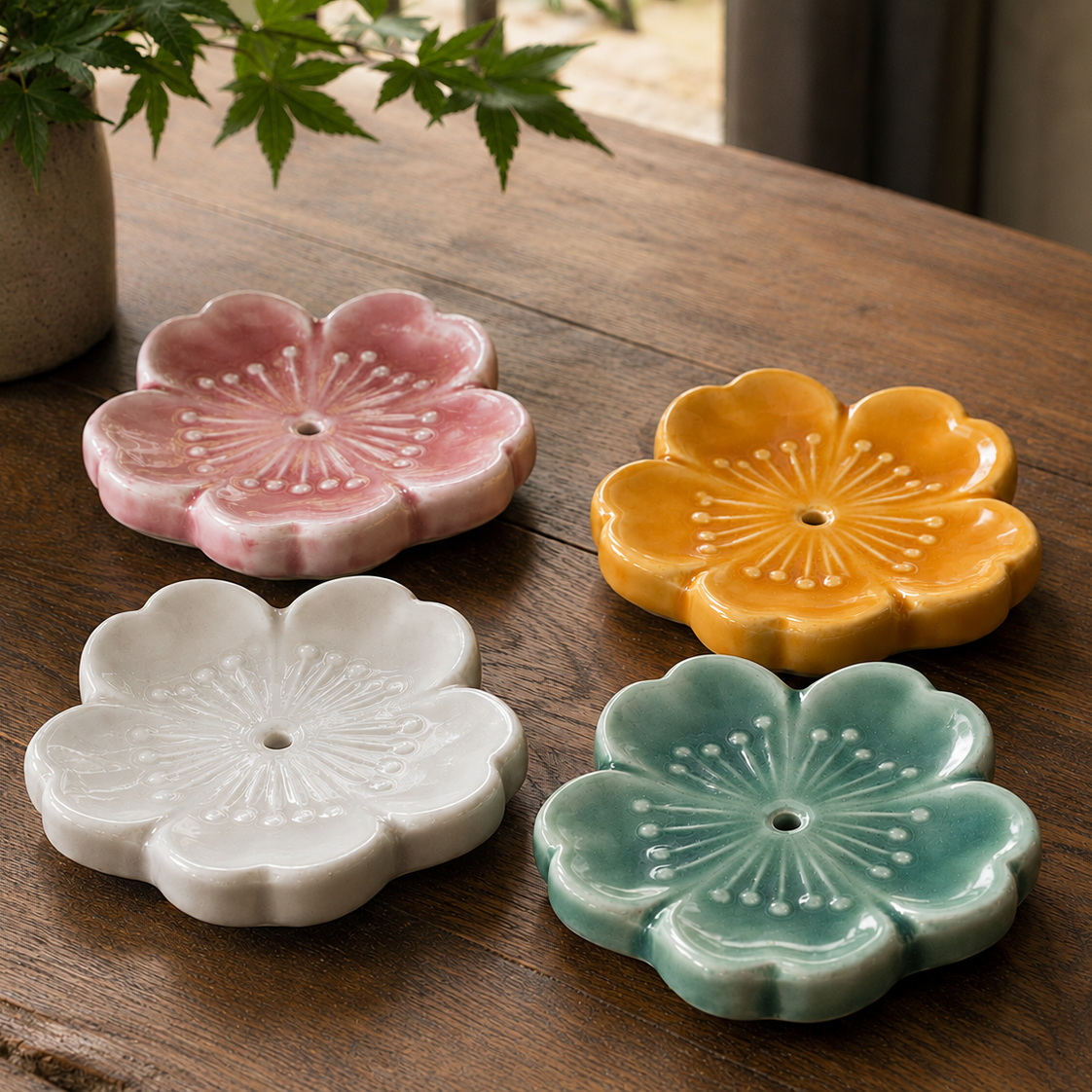Four Sakura Cherry Blossom incense holders on a wood table