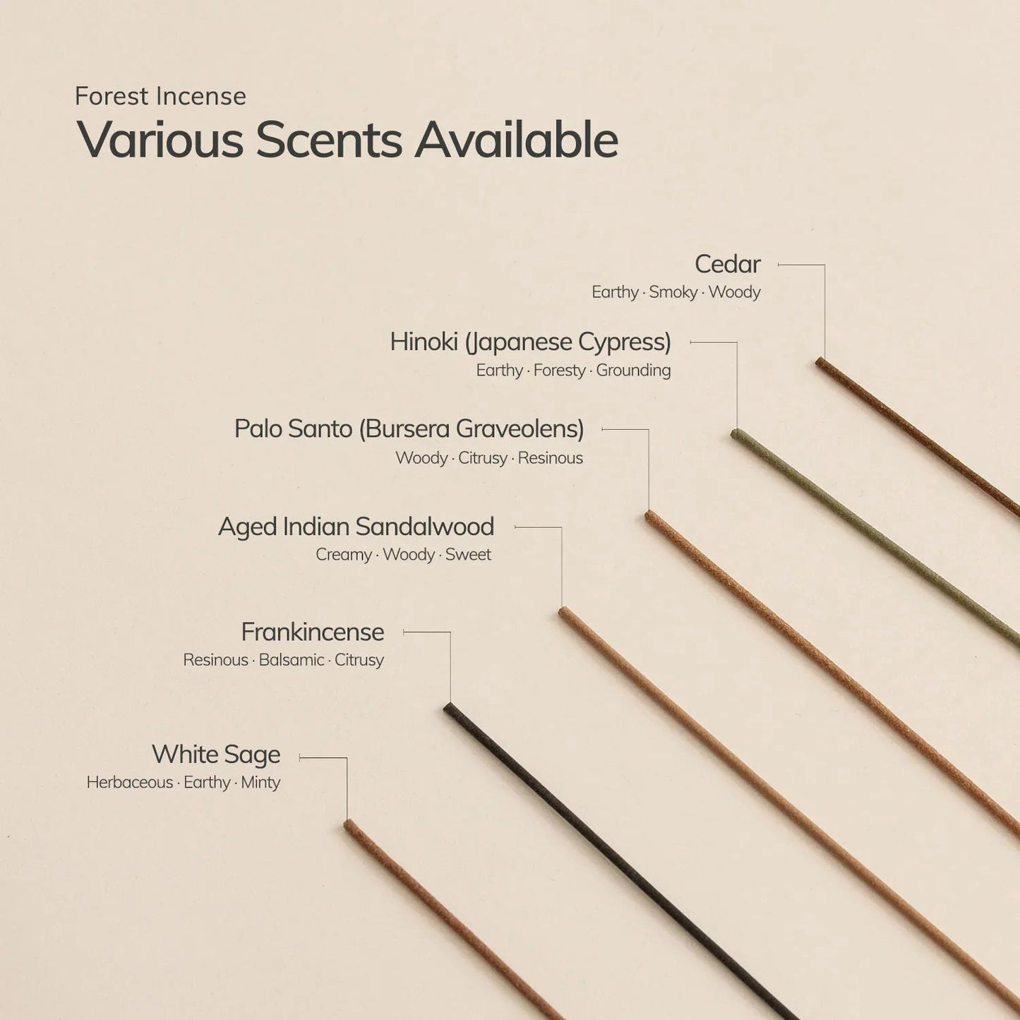 Incense sticks with labels for various scents on a beige background
