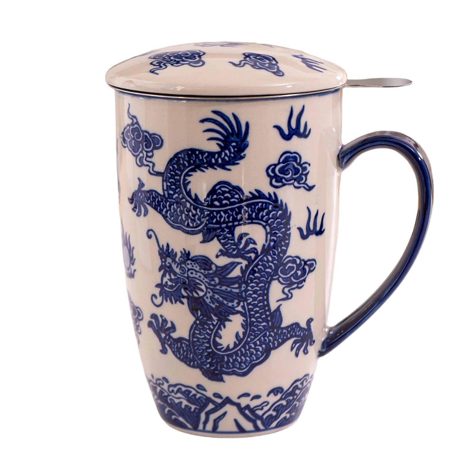 A tall ceramic mug with a matching lid and metal tea infuser, decorated with a blue dragon and cloud pattern on a cream-colored glaze, isolated on a white background.