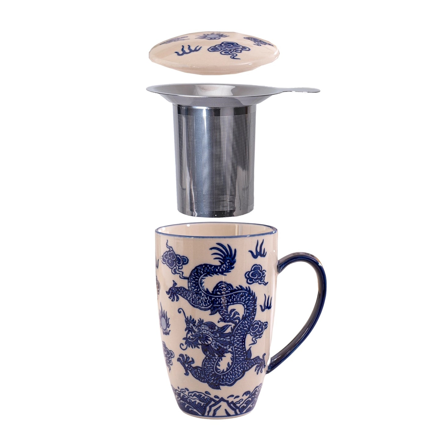 Decorative mug with dragon design, metal tea infuser, and lid on a white background