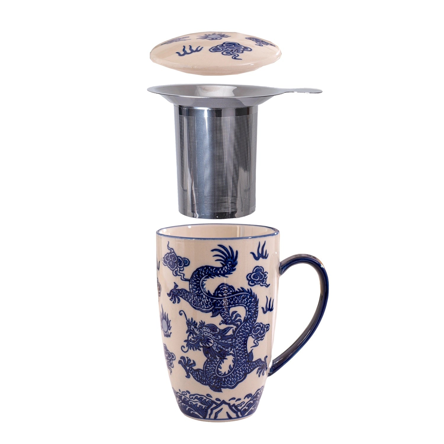 Decorative mug with dragon design, metal tea infuser, and lid on a white background