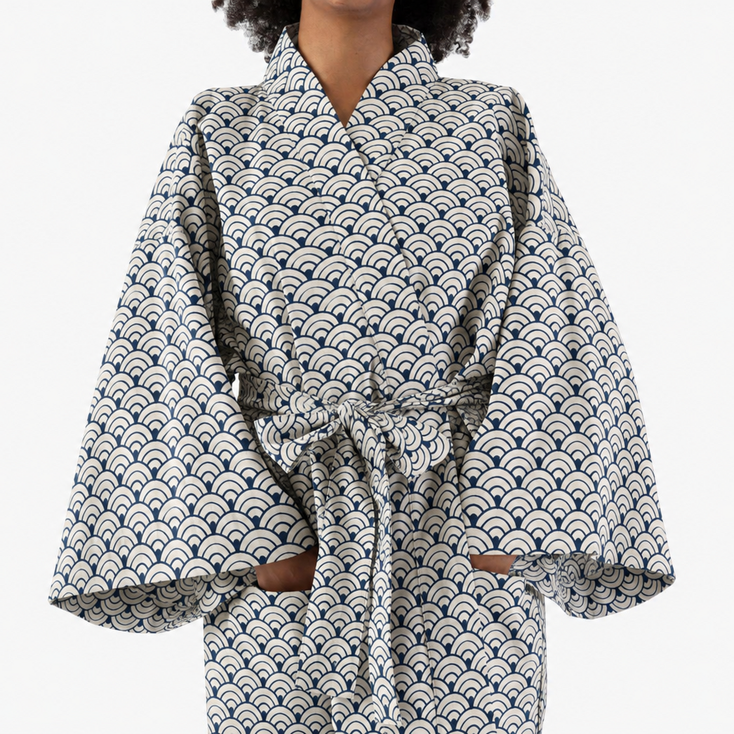 Details of a kimono style robe featuring Japanese motif of Seika Ha.
