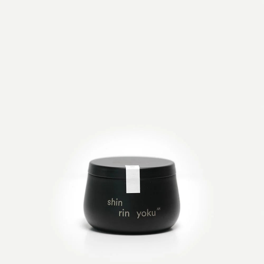 Black container with 'shin rin yoku' text on a white background